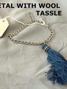 BRACELET WOOL TASSEL, BLUE, SILVER TONE CHAIN, 2 ½ X 1 Inches TASSEL, LOBSTER